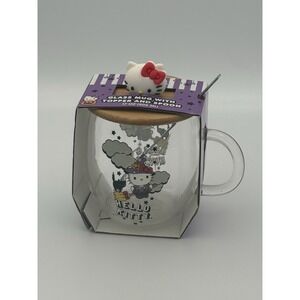 Hello Kitty Glass Mug With Lid and Spoon Witch On Broom‎ Halloween